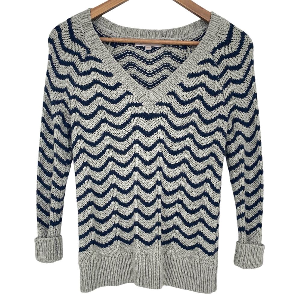 GAP Zig Zag V Neck Long Sleeve Wool Blend Knit Sweater Blue Gray Size XS